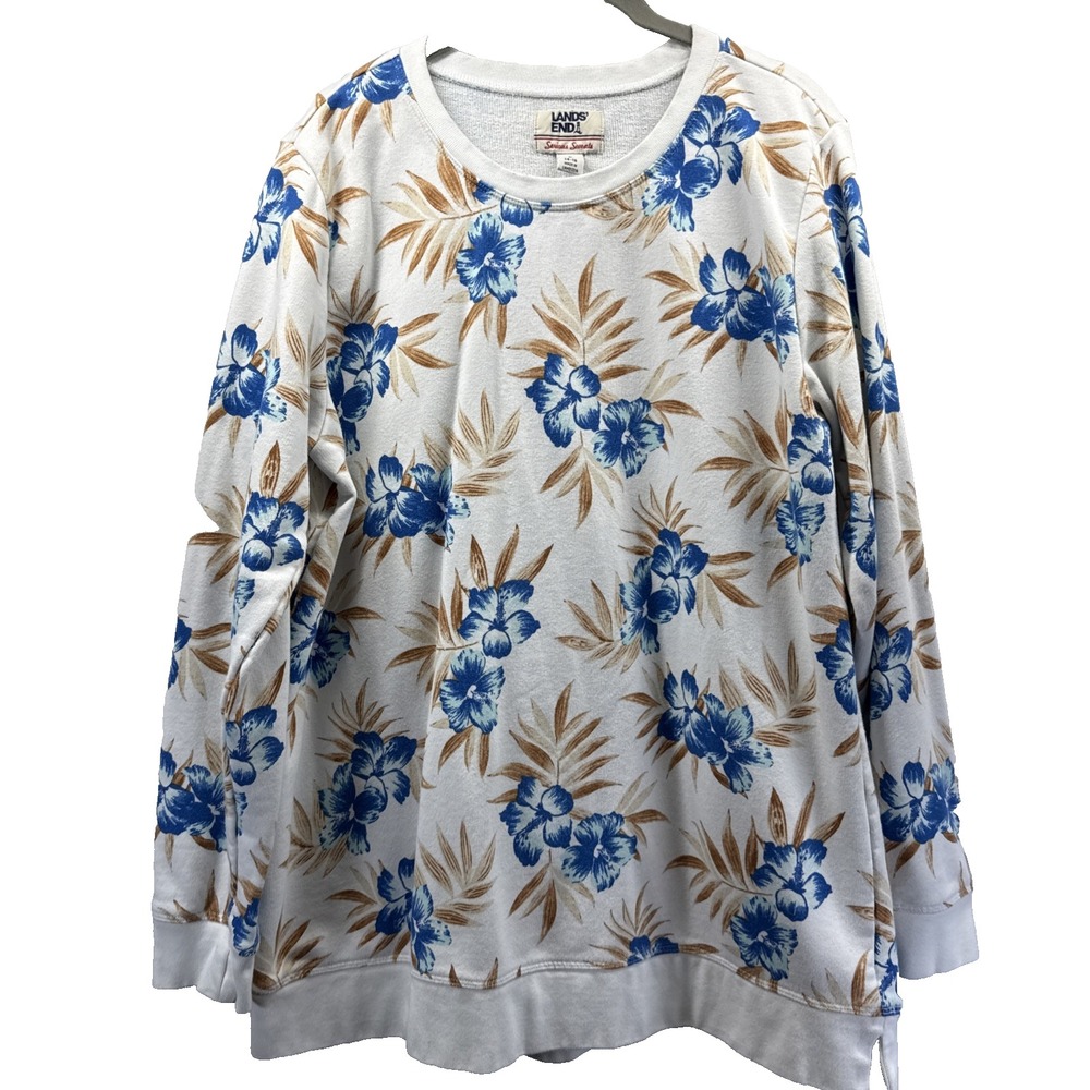 Lands End Serious Sweats Women's Top Size Large Blue White Floral Long Sleeves